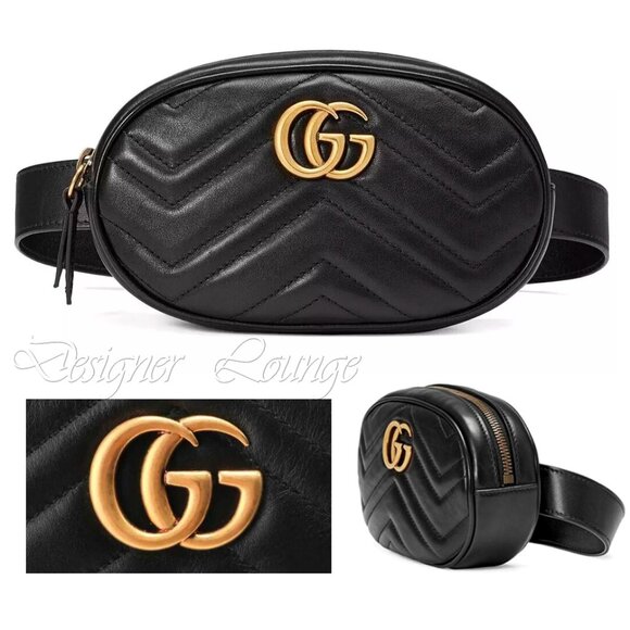 NEW GUCCI GG Marmont Matelasse Chevron Heart Black Leather Belt Bag Sz 85 cm - Picture 1 of 16